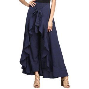Shi Long Fashion Maxi Ruffle Wide Leg Skirt Like Pant Palazzo Beachy Chic Blue